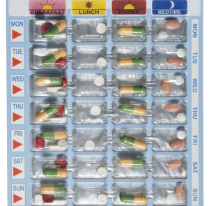 Blister packaged medications organized by time and day of the week to support safer more effective medication administration for patients.