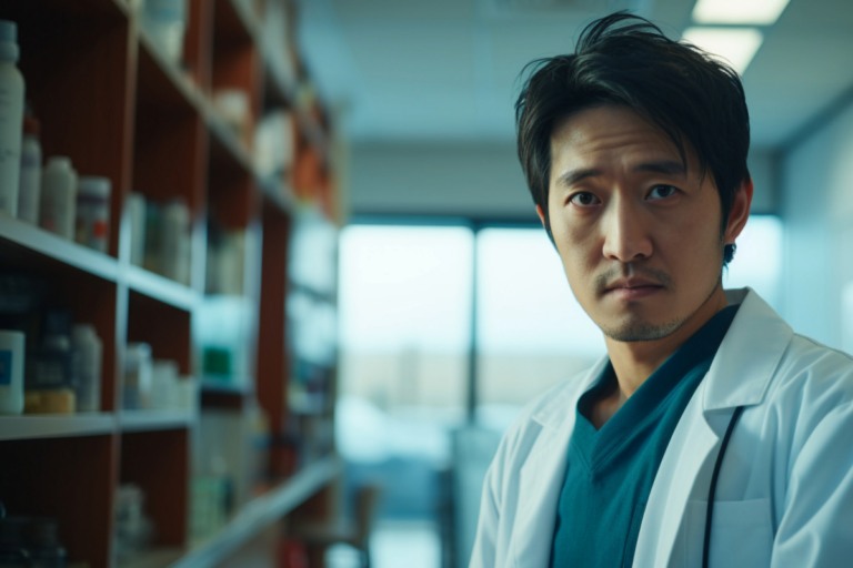 Pharmacist in the dispensary looking into the camera with a stressed expression.